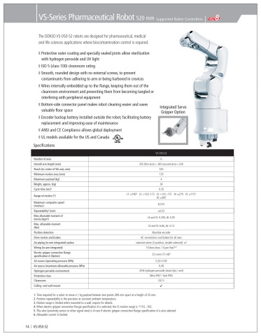 The new DENSO Robotics product catalog features the company's wide range of compact four-axis SCARA and five- and six-axis articulated robots for payloads up to 20 kg. Reaches are from 350 to 1,300 mm and repeatability to within +/-0.015 mm. The high-speed robots are widely used in traditional manufacturing sectors, as well as in advanced-technology applications in the medical, pharmaceutical and life sciences industries. Available configurations include standard (IP40), dust- and mistproof (IP65), dust- and splashproof (IP67), cleanroom (ISO 3, 4 and 5) and aseptic (resistant to hydrogen peroxide and UV light). ANSI and CE compliance enables global deployment. UL-listed models are available for both the U.S. and Canada. (Photo: Business Wire)