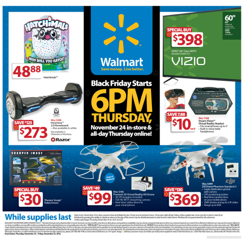 Walmart's Black Friday event will offer something for everyone – from $1.96 movies to a $30 Sharper Image Video Drone and a $798 65-inch Samsung HDTV. (Photo: Business Wire)