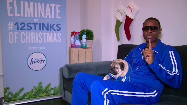 Beatboxer Doug E. Fresh and Instagram star @ItsDougThePug on the New York set of their music video for the hip-hop remix of Febreze’s second annual "The #12Stinks of Christmas.” Following the success of last year’s “The #12Stinks of Christmas” music video, this funky fresh remix is available now on YouTube.com/Febreze.