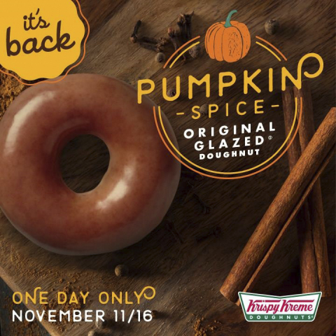 The Pumpkin Spice Original Glazed Doughnut is back! Pick one up at participating Krispy Kreme shops on Nov. 16. (Photo: Business Wire)