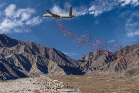“Angel One,” an aircraft based on the jet-propelled Predator® RPA system owned and operated by GA-ASI, is capable of delivering 8,500 pounds of Humanitarian Daily Ration packets (HDRs) for 3,400 people each day. (Graphic: Business Wire)
