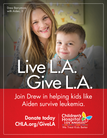 Actress Drew Barrymore is leading Children's Hospital Los Angeles' third annual Live L.A. Give L.A. fundraising drive to support care for thousands of young patients treated each year for life-threatening illnesses. (Photo: Business Wire)