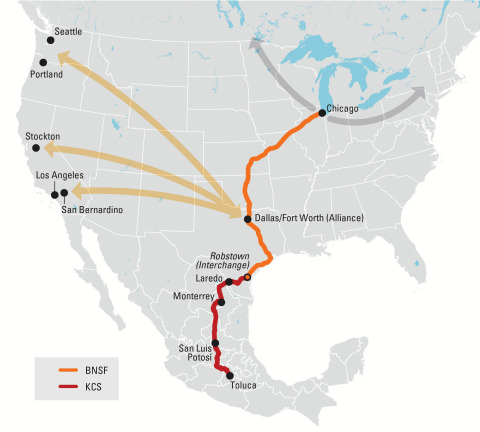 Map depicts new joint intermodal transportation service offered by BNSF Railway and Kansas City Southern. (Photo: Business Wire)