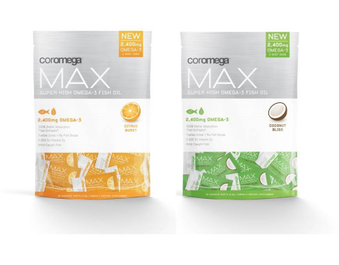Coromega®, maker of delicious emulsified fish and vegetarian oils designed to provide healthy fats for a healthy life, has unveiled new Coromega Max, a potent new omega-3 squeeze that delivers Coromega's highest omega-3 dosage in two delicious flavors: Orange Citrus Burst and Coconut Bliss. (Photo: Business Wire)