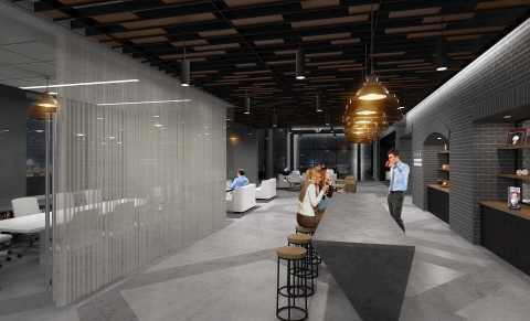 This rendering shows the new hospitality-inspired lounge that will encourage socializing among tenants of 80 M Street as part of a $3M renovation of the entrance, lobby and other tenant common areas of the D.C.-area office building, owned by Columbia Property Trust (Photo credit: Wingate Hughes).