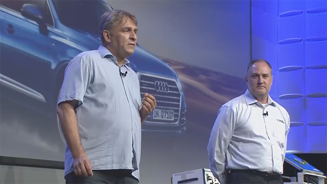 11 NIWeek 2016 Day 1 audi Michael Konrad and Dominik Eyerly discuss how Audi uses NI hardware and software for testing and prototyping advanced driverless cars.