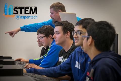 High school students in software coding exercise at AspenTech STEM Day. Instructor Clay Didier and students (left to right) Shane Norton, Ronald DeSilva, Brad McMullen, Azim Kamthewala, Amaan Gadatia. (Photo: Business Wire)