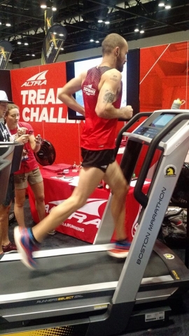 Altra Elite Athlete Jacob Puzey set the new world record for fastest 50-miler on a treadmill with a time of 4:57:45. Puzey is an accomplished ultrarunner who ran the entire 50 miles on a ProForm Boston Marathon Treadmill at The Running Event trade show in Orlando. (Photo: Altra)