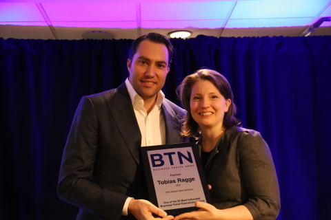 HRS CEO Tobias Ragge accepts plaque from Business Travel News Editor-in-Chief Elizabeth West. Mr. Ragge was named among the 25 Most Influential Business Travel Executives in 2016. (Photo: Business Wire)