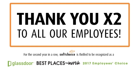 Softchoice has been honored for the second year in a row with a Glassdoor Employees’ Choice Award, recognizing the company as one of the Best Places to Work in 2017.
(Graphic: Business Wire)
