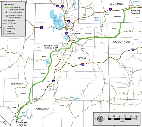 The HVDC TransWest Express Transmission Project will add 3,000 megawatts of "backbone" transmission capacity between the Desert Southwest and Rocky Mountain regions. It also will provide direct access to diverse renewable energy supplies, such as Wyoming wind power. About two-thirds of the route is on federal land. (Photo: Business Wire)

