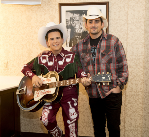 Brad Paisley backstage at the Ryman Auditorium in Nashville with Little Jimmy Dickens' wax figure (Photo: Business Wire)