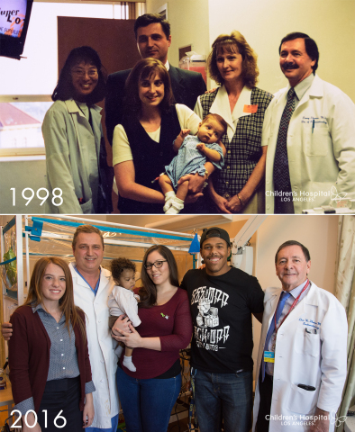 Top: Lydia Hand as an infant post-transplant in 1998, with her mother, grandmother and liver transplant team. Bottom: Baby Donovan Daniels and his parents post-transplant in 2016, joined by doctors and Lydia, now 18. (Photo: Children's Hospital Los Angeles)
