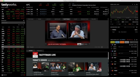 tastyworks is a brokerage firm, creating and leading a financial revolution for the do-it-yourself investor. tastytrade founder, co-CEO and host Tom Sosnoff and Tony Battista, a host on tastytrade, appear live on the tastyworks platform. Investors have access to live, strategic content through tastytrade and robust tools for options trading. (Graphic: Business Wire)