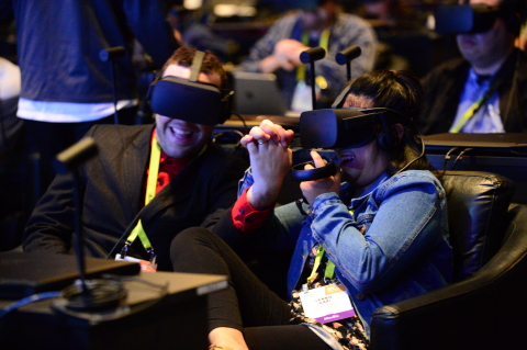 Audience members react to a virtual reality experience as Brian Krzanich, Intel chief executive officers, speaks at a company news conference on Wednesday, Jan. 4, 2017, in Las Vegas. Intel Corporation presents new technology at the 2017 International Consumer Electronics Show. The event runs from Jan. 5 to Jan. 8, 2017, in Las Vegas. (CREDIT: Walden Kirsch/Intel Corporation)