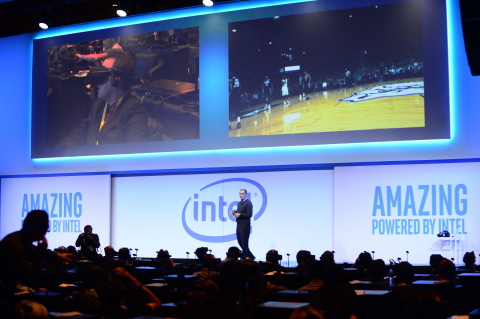 As audience members watch the Villanova-Butler NCAA basketball game on virtual reality headsets, Brian Krzanich, Intel chief executive officers, speaks at a company news conference on Wednesday, Jan. 4, 2017, in Las Vegas. Intel Corporation presents new technology at the 2017 International Consumer Electronics Show. The event runs from Jan. 5 to Jan. 8, 2017, in Las Vegas. (CREDIT: Walden Kirsch/Intel Corporation)