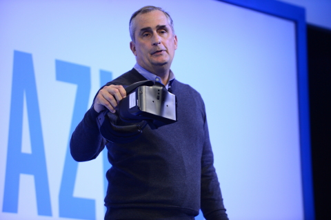 Brian Krzanich, Intel chief executive officers, displays the Project Alloy all-in-one virtual reality headset at a company news conference on Wednesday, Jan. 4, 2017, in Las Vegas. Intel Corporation presents new technology at the 2017 International Consumer Electronics Show. The event runs from Jan. 5 to Jan. 8, 2017, in Las Vegas. (CREDIT: Walden Kirsch/Intel Corporation)