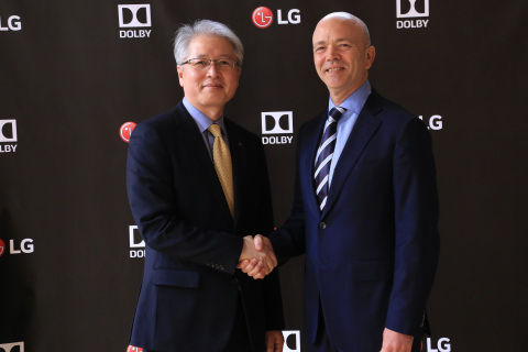 On Thursday, January 5, 2017, Kevin Yeaman, CEO, Dolby Laboratories, and Brian Kwon, CEO, LG Home Entertainment Company, held a signing ceremony in Las Vegas to commemorate their continued collaboration and to launch the LG 2017 OLED TVs, the first TVs to support Dolby Vision high-dynamic-range (HDR) technology and Dolby Atmos breakthrough audio. Photo Credit: Las Vegas Event Photographers