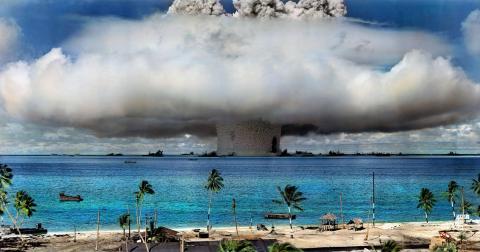 A nuclear weapon is detonated at Bikini Atoll in the Marshall Islands in 1946. (Image has been colorized.) Photo: US Government via International Campaign to Abolish Nuclear Weapons on Flickr (Public Domain).