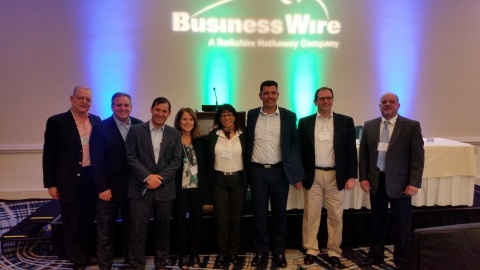 Business Wire appoints Aviva Shwartz as its authorized sales representative in Israel. Pictured left-to-right: Neil Hershberg, Richard DeLeo, Michael Becker, Cathy Baron Tamraz, Aviva Shwartz, Dick Bromley, Gregg Castano and Ken Bouton (Photo: Business Wire)