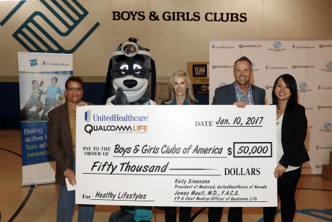 UnitedHealthcare of Nevada presented a $50,000 donation on behalf of Qualcomm Life and UnitedHealthcare to Andy Bischel, president & CEO, Boys & Girls Clubs of Southern Nevada, and Shing Yu, account strategy & development director, Boys & Girls Clubs of America, this afternoon at the Lied Memorial Clubhouse in Las Vegas. Left to right: Senate Health and Human Services Committee Chairwoman Patricia Spearman, Ph.D.; UnitedHealthcare mascot Dr. Health E. Hound; Kelly Simonson of UnitedHealthcare of Nevada; Andy Bischel; and Shing Yu (Photo: Isaac Brekken).