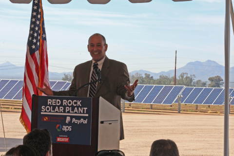 Daniel Froetscher, APS Senior Vice President of Transmission, Distribution and Customers, helped unveil the Red Rock Solar Plant to the public today. APS developed and will own and operate the 40-megawatt photovoltaic plant, located 30 miles south of Casa Grande in Red Rock, Ariz. Arizona State University (ASU) and PayPal will purchase renewable energy from APS that is equivalent to the amount Red Rock is projected to generate. “Arizona is one of the most solar-friendly states in the nation, and APS remains at the forefront among solar-friendly companies,” Froetscher said. “In fact, last year, we reached one gigawatt of solar on our system, becoming the only utility outside California to achieve this milestone.” Red Rock is APS’s largest grid-scale solar power plant, surpassing the 35-megawatt Foothills Solar Plant located near Yuma, Ariz. (Photo: Business Wire)