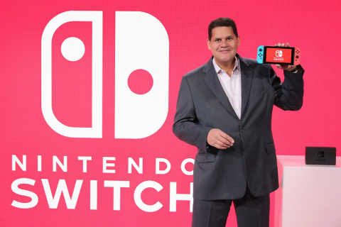 NEW YORK - JAN 13: In this photo provided by Nintendo of America, Nintendo of America President and COO Reggie Fils-Aime debuts the groundbreaking Nintendo Switch video game system at a press event in New York on Jan. 13, 2017. Launching March 3, 2017, Nintendo Switch combines the power of a home console with the mobility of a handheld. It's a new era in gaming that delivers entirely new ways to play wherever and whenever people want. (Photo by Neilson Barnard/Getty Images for Nintendo of America)