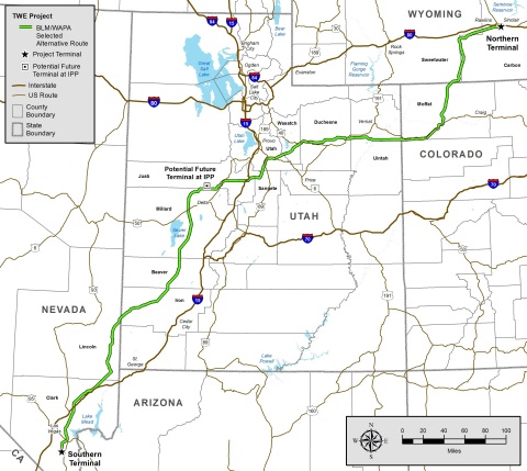 The HVDC TransWest Express Transmission Project will add 3,000 megawatts of "backbone" transmission capacity between the Desert Southwest and Rocky Mountain regions. It also will provide direct access to diverse renewable energy supplies, such as Wyoming wind power. About two-thirds of the route is on federal land. (Graphic: Business Wire)