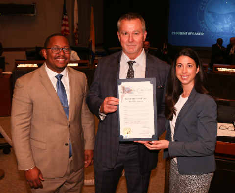 The Long Beach City Council has honored SCAN Health Plan for its 40 years of dedicated service to the Long Beach community and to the senior population, both locally and beyond. Seen here (l-r) are: Long Beach Vice Mayor Rex Richardson, SCAN CEO Chris Wing and Long Beach Councilwoman Stacy Rose Mungo.