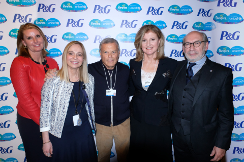 At this year’s World Economic Forum in Davos, Pampers marks their 11 year partnership with UNICEF to protect mothers and their babies from maternal and newborn tetanus, a deadly disease, by sharing the results of a new health economic study. L-R: Claire Gillis, Sirma Umur, Sir Martin Sorrell, Arianna Huffington, Gérard Bocquenet.