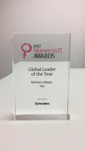 Ixia president and CEO Bethany Mayer honored at the 2017 Women in IT Awards, the world's largest tech diversity event, as Global Leader of the Year. (Photo: Business Wire)