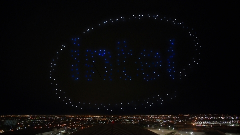 An Intel Shooting Star drones fleet lights up the sky in the Intel logo following the Pepsi Zero Sugar Super Bowl LI Halftime Show on Sunday, Feb. 5, 2017. (Credit: Intel Corporation)