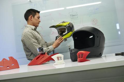 Motorcycle helmet prototypes produced on the Stratasys F370 3D Printer at the Center for Advanced Design being tested for design validation. (Photo: Business Wire) 