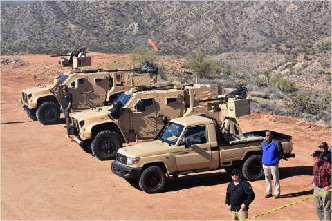 The M230 Link Fed Bushmaster Chain Gun was integrated on to weapons stations from Kongsberg and EOS. The remote weapons stations were installed on both the Oshkosh JLTV and a Land Cruiser – showing the flexibility of a lightweight but capable chain gun on differing vehicles. (Photo: Business Wire)