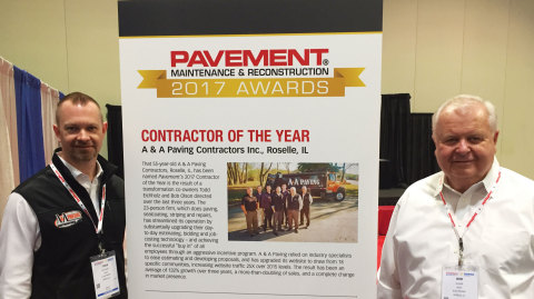 Todd Eichholz and Bob Olson, A&A Paving Co-owners, accept National Contractor of the Year Award at the 2017 National Pavement Expo (Photo: Business Wire)