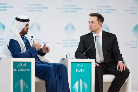 H.E. Mohammed Al-Gergawi, Minister of Cabinet Affairs and Future, UAE with Elon Musk at the World Go ... 