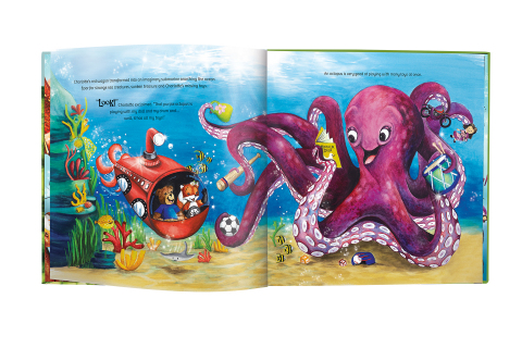 Characters in the new children's book, "Oliver & Hope's Good Deeds Day," receive help from a playful Octopus. Book is available at UHCCF.org/shop (Source: UnitedHealthcare Children's Foundation).