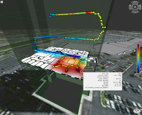 The PCTEL-TRX cellular test and measurement solution generates 3D indoor/outdoor maps using automatic geolocation. The text box reveals key data collected at the selected location. (Graphic: Business Wire)