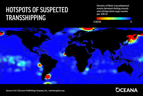 This image shows global hotspots of likely transshipments between refrigerated cargo vessels and the largest commercial fishing vessels from 2012 to 2016. (Graphic: Business Wire)