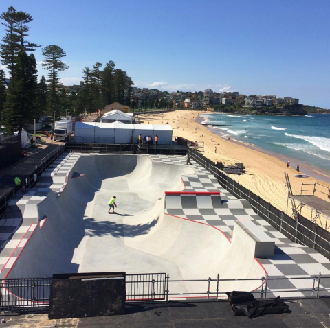 The California Skateparks design for the Vans Pro Skate Park Series Bowl at the Australian Open of Surfing in Manly Beach features a bowl, jam-packed with opportunities for speed, air and style. Image courtesy of California Skateparks.