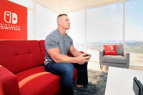 John Cena, WWE Superstar, plays The Legend of Zelda: Breath of the Wild on Nintendo Switch system while it is in TV mode, at the Nintendo Switch in Unexpected Places for the Nintendo Switch system on February 23, 2017 at Blue Cloud Movie Ranch in Santa Clarita, California. (Photo by John Sciulli/Getty Images for Nintendo of America)
