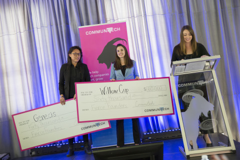 Winners in the Fierce Founders pitch competition, from left, Luna Yu, CEO at Genecis EnviroTech, and Sarah Bonham, CEO of Willow Cup. At right, event moderator Holly Pearson. (Communitech photo: Meghan Thompson)