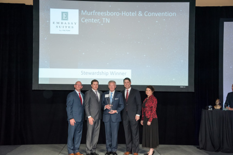 JQH's 283-suite Embassy Suites by Hilton Nashville SE - Murfreesboro in Tennessee was recently presented with the National Stewardship Award for outreach and involvement in the community at the Hilton All Suites Brands Celebration in Las Vegas. Phill Burgess (center), JQH's vice president of sales and revenue optimization, accepted the award on behalf of the company. Photo Source: Hilton All Suites Brands