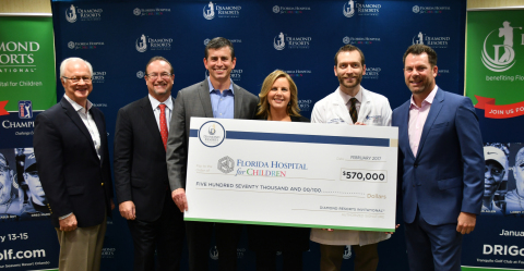 The Diamond Resorts Invitational was bigger and better in 2017 with the addition of PGA TOUR Champions and LPGA players, and the annual donation check to the Florida Hospital for Children (FHFC) increased to $570,000. The January pro and celebrity golf tournament has now donated over $2,000,000 to the Florida Hospital for Children since 2013. In this photo from left to right, Dick Batchelor, Chairman of Florida Hospital for Children Foundation; David Collis, Vice President of Development, Florida Hospital for Children; Robert DiGisi, Vice President of National Marketing for Diamond Resorts International; Marla Silliman, Senior Executive Officer for Florida Hospital for Children; David Shook, Medical Director of Pediatric Bone Marrow Transplant, Florida Hospital for Children; and Michael Flaskey, Chief Operating Officer, Diamond Resorts International. (Photo credit: Mark Bearss, Diamond Resorts International)