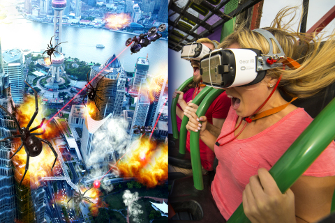 Riders, using Samsung Gear VR powered by Oculus, will become pilots of a futuristic gunship under attack by mutant spiders on Drop of Doom VR, North America's first-ever permanent drop tower virtual reality attraction, debuting at Six Flags Over Georgia near Atlanta on March 11. Drop of Doom VR will be available for free with paid park admission, for a limited time only. (Photo: Six Flags Over Georgia)