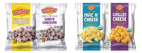 Snikiddy, a line of tasty snacks made from simple, wholesome, real-food ingredients, is launching two on-trend puffed snack lines: Organic Cheese Puffs and Purple Corn Puffs (Photo: Business Wire)