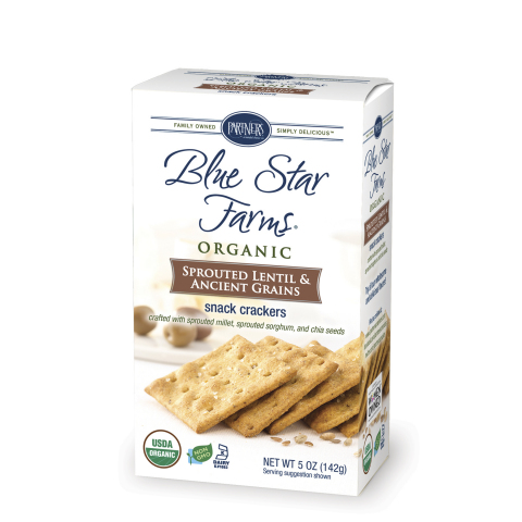 PARTNERS®, A Tasteful Choice Company, has sprouted a new variety of wholesome crackers that appeal to organic snackers everywhere: Blue Star Farms Organic Sprouted Lentil & Ancient Grains Snack Crackers. (Photo: Business Wire)