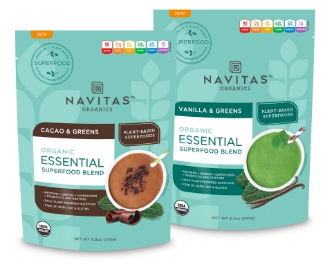 Navitas Organics™ Essential Blends in Cacao & Greens and Vanilla & Greens (SRP $29.99 each) (Photo: Business Wire)