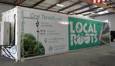 The Local Roots traveling indoor farm grows enough leafy greens to equal five acres of land in a 40' shipping container. (Photo: Business Wire)