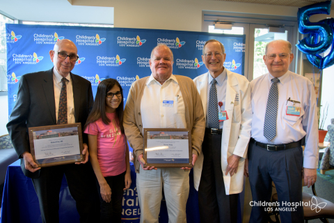 (Left to Right) Richard Fine, MD; kidney transplant recipient Gemma Lafontant; kidney transplant recipient Thomas Hoag; Robert Adler, MD, MSEd , Chief Medical Officer of the CHLA Health System; Carl Grushkin, MD, Chief of the CHLA Division of Nephrology. (Photo credit: Children's Hospital Los Angeles)